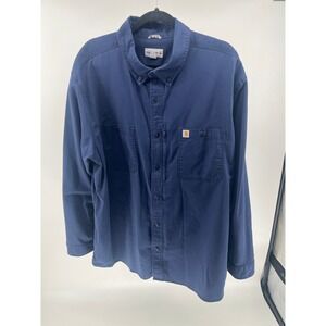 Carhartt Mens 3XL Relaxed Fit Navy Blue Long Sleeve Canvas Button Down Shirt